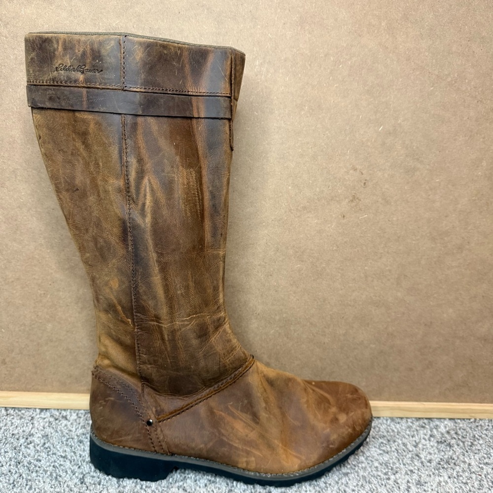 NWOT Eddie Bauer Tall Leather Zip Up Boots Brown Waterproof Side Women’s US 10